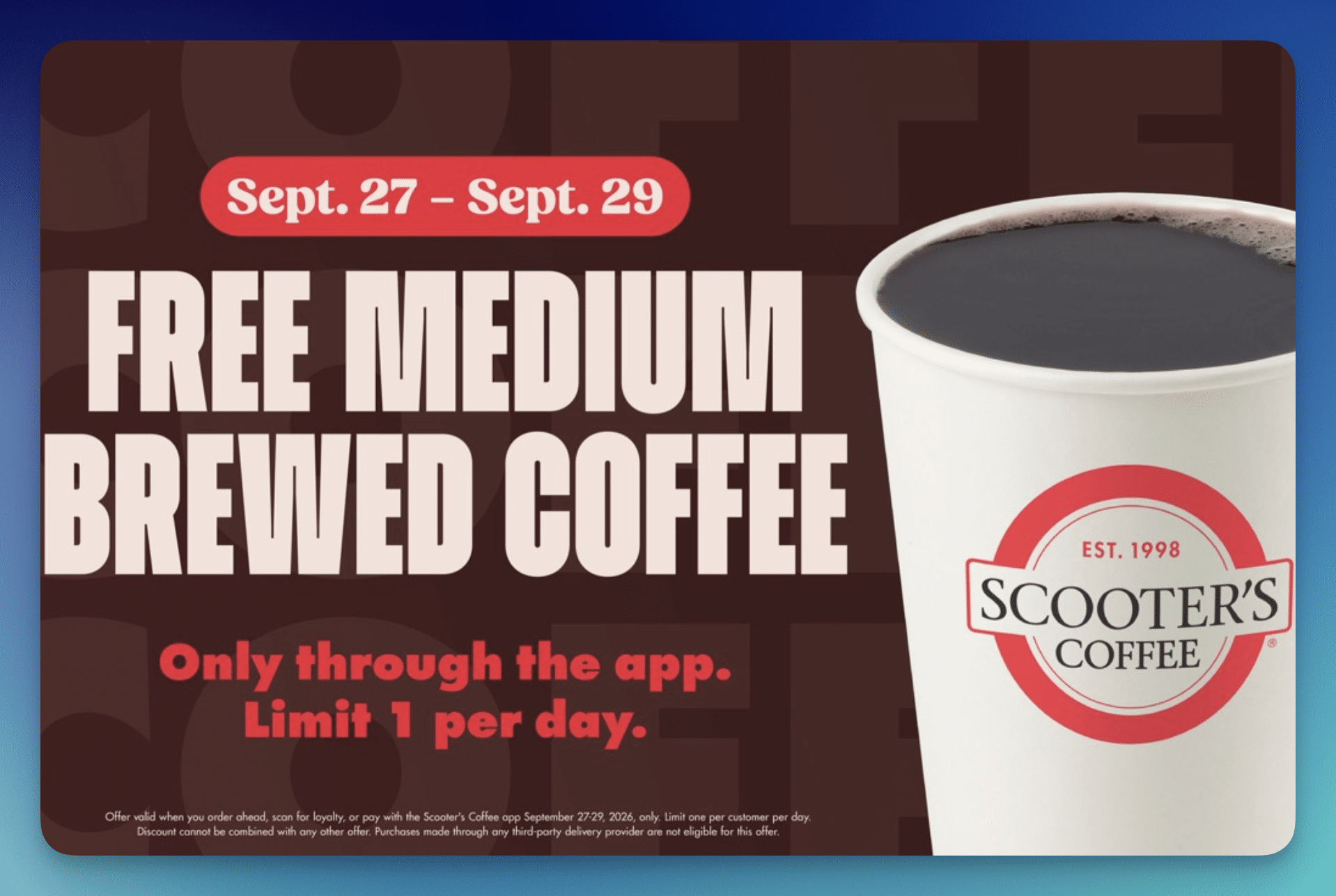 Scooter’s Coffee: FREE Medium Brewed Coffee (Sept 27-29)